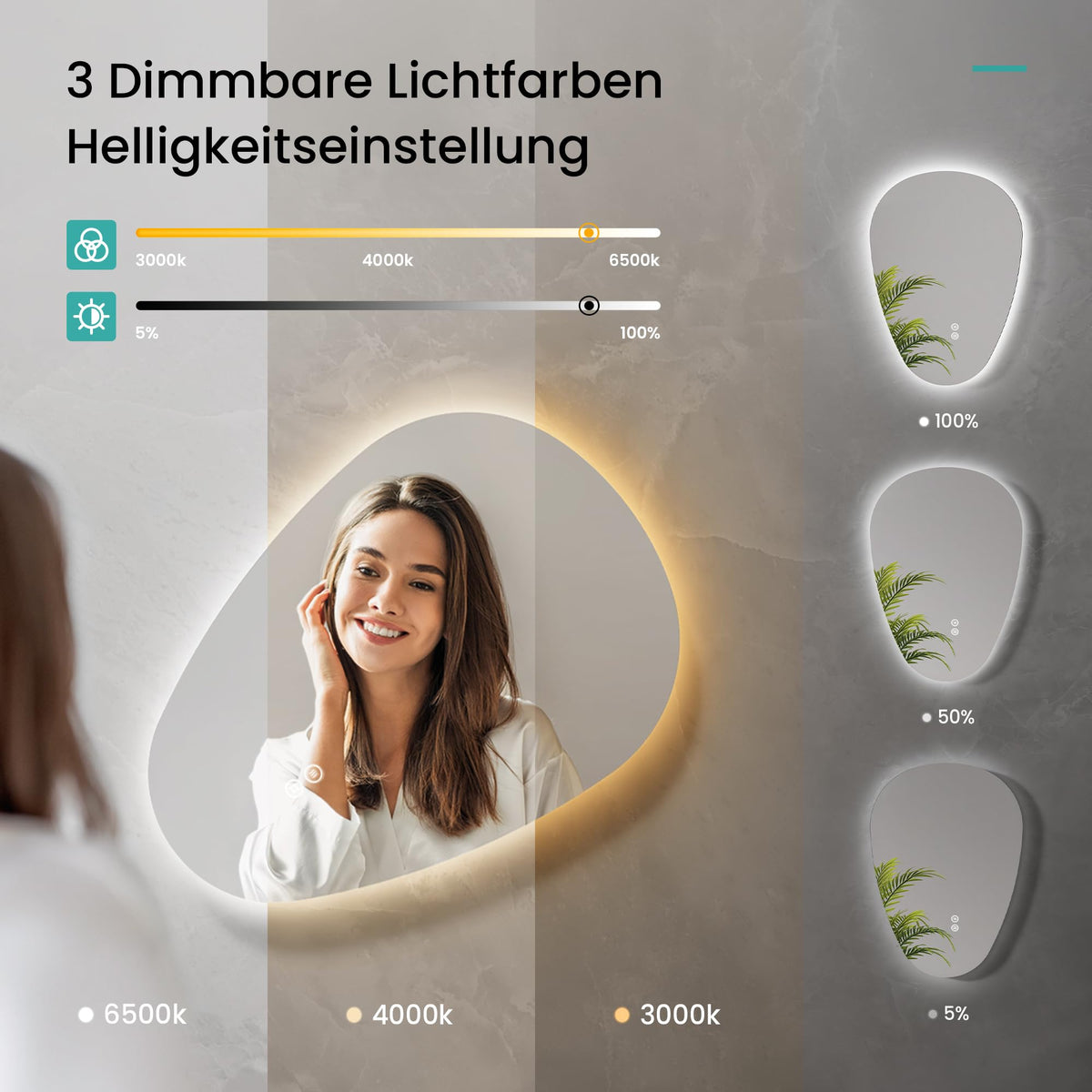 EMKE Bathroom Mirror with Lighting, 60 x 45 cm, Asymmetrical Mirror with Touch, 3 Light Colours, Dimmable, Anti-Fog, Bathroom Mirror with Lighting, IP44, Energy-Saving, LED Bathroom Mirror