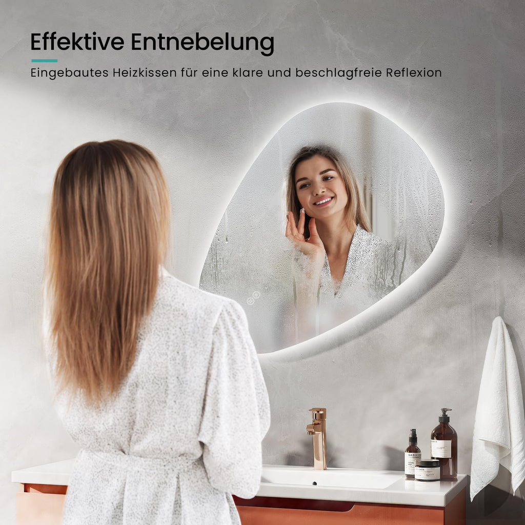 EMKE Bathroom Mirror with Lighting, 60 x 45 cm, Asymmetrical Mirror with Touch, 3 Light Colours, Dimmable, Anti-Fog, Bathroom Mirror with Lighting, IP44, Energy-Saving, LED Bathroom Mirror