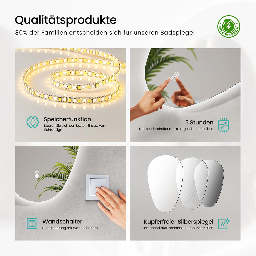 EMKE Bathroom Mirror with Lighting, 60 x 45 cm, Asymmetrical Mirror with Touch, 3 Light Colours, Dimmable, Anti-Fog, Bathroom Mirror with Lighting, IP44, Energy-Saving, LED Bathroom Mirror