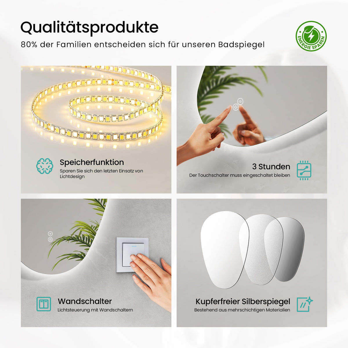 EMKE Bathroom Mirror with Lighting, 60 x 45 cm, Asymmetrical Mirror with Touch, 3 Light Colours, Dimmable, Anti-Fog, Bathroom Mirror with Lighting, IP44, Energy-Saving, LED Bathroom Mirror