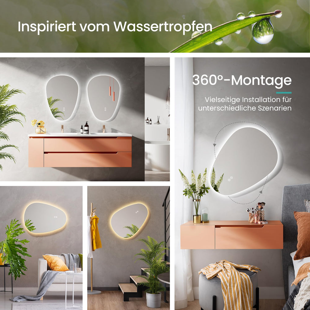 EMKE Bathroom Mirror with Lighting, 60 x 45 cm, Asymmetrical Mirror with Touch, 3 Light Colours, Dimmable, Anti-Fog, Bathroom Mirror with Lighting, IP44, Energy-Saving, LED Bathroom Mirror
