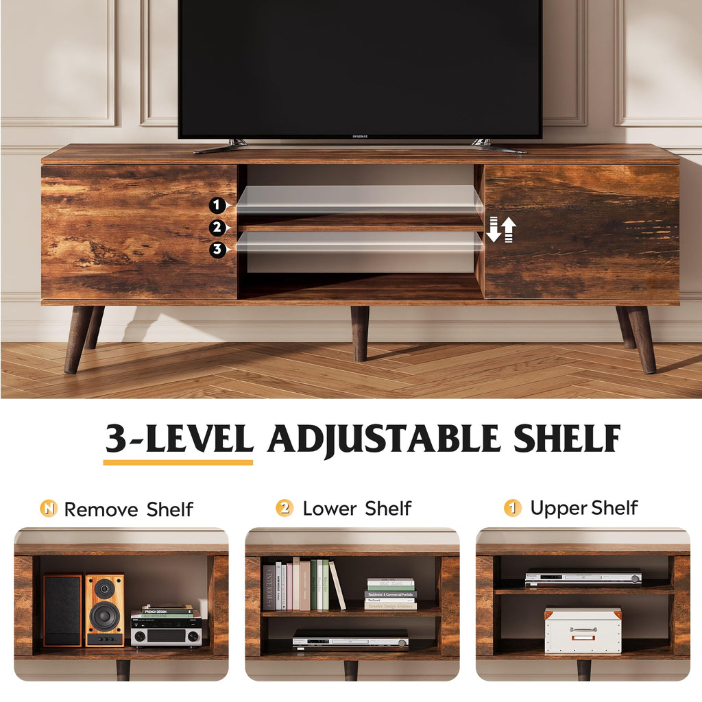WLIVE TV Stand for 55 60 Inch TV, mid Century Modern Entertainment Center with 2 Cabinets Storage & Adjustable Shelf, Media Console Table for Living Room, Bedroom, Media Furniture, Retro Brown