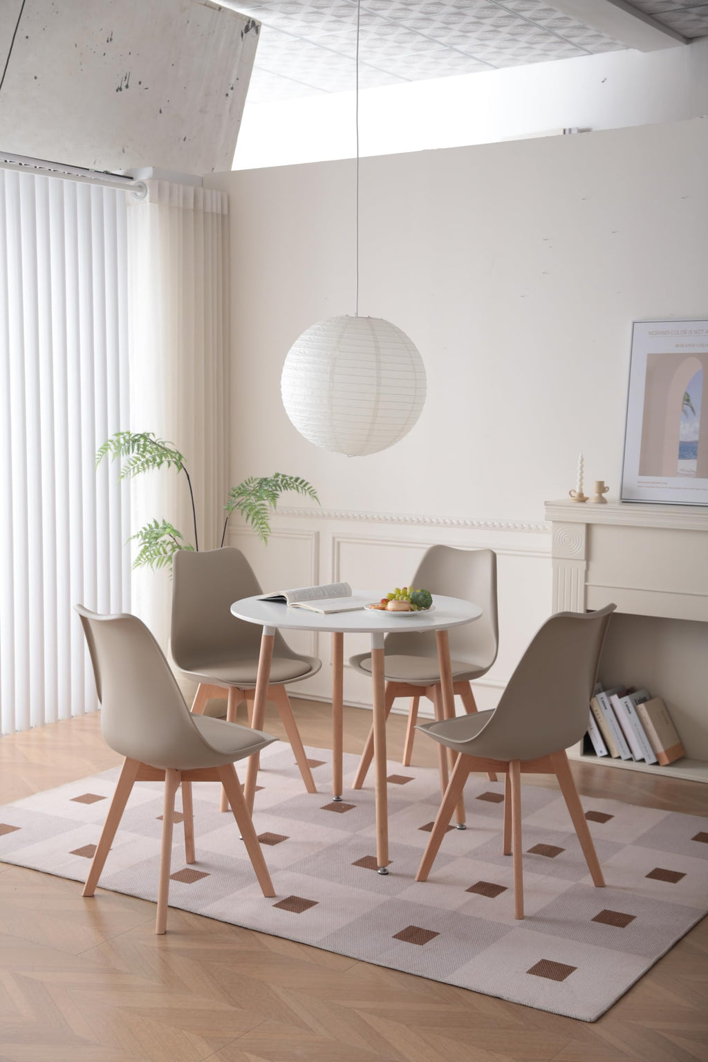 Modern Round Dining Table with White Top, Sturdy Metal Frame and Beech Wood Legs for Dining Room and Office, 80 x 80 x 75 cm