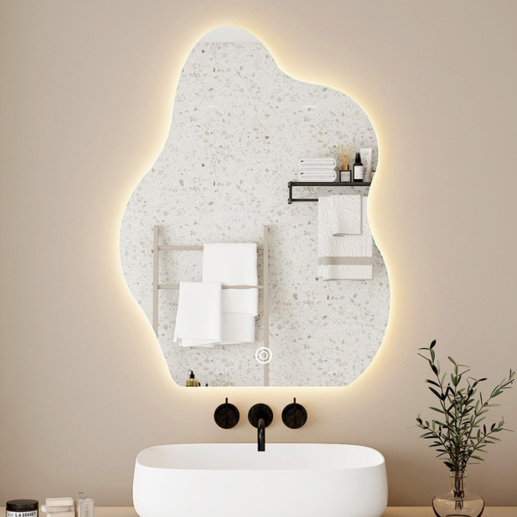 Irregular Cloud Shaped Bathroom Mirror With LED Light, Frameless Wall Mirror, Decorative Mirror,3 Colours Of Light, Single Touch Button 20-200cm Body Sensor, Infinitely Dimmable,(Size:40X60CM)