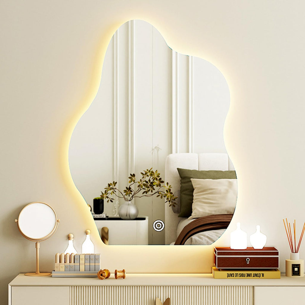 Irregular Cloud Shaped Bathroom Mirror With LED Light, Frameless Wall Mirror, Decorative Mirror,3 Colours Of Light, Single Touch Button 20-200cm Body Sensor, Infinitely Dimmable,(Size:40X60CM)