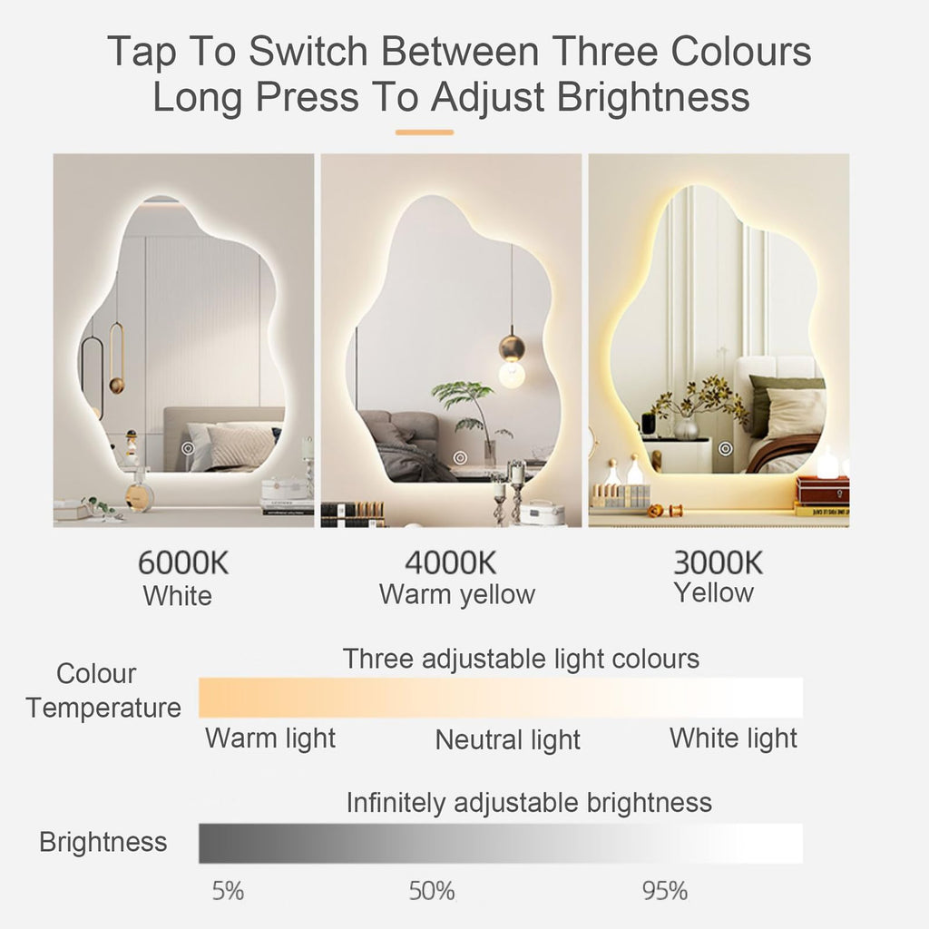 Irregular Cloud Shaped Bathroom Mirror With LED Light, Frameless Wall Mirror, Decorative Mirror,3 Colours Of Light, Single Touch Button 20-200cm Body Sensor, Infinitely Dimmable,(Size:40X60CM)