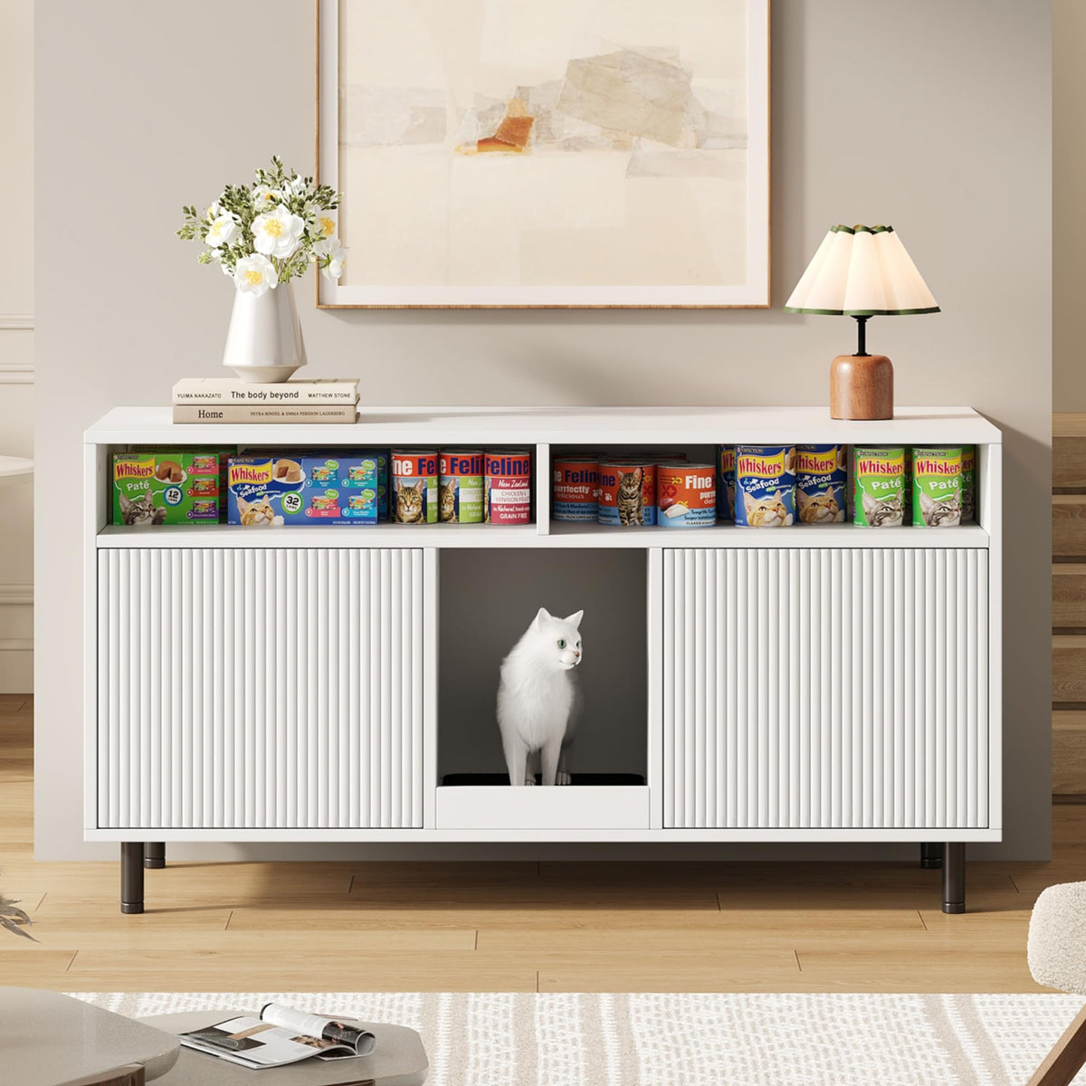 Cat Litter Tray Cabinet with Sand Collection Mat, Pet Cabinet with Shelf, Pet Sideboard/TV Cabinet, Without Cat Litter Tray, 120 x 50 x 66 cm, White