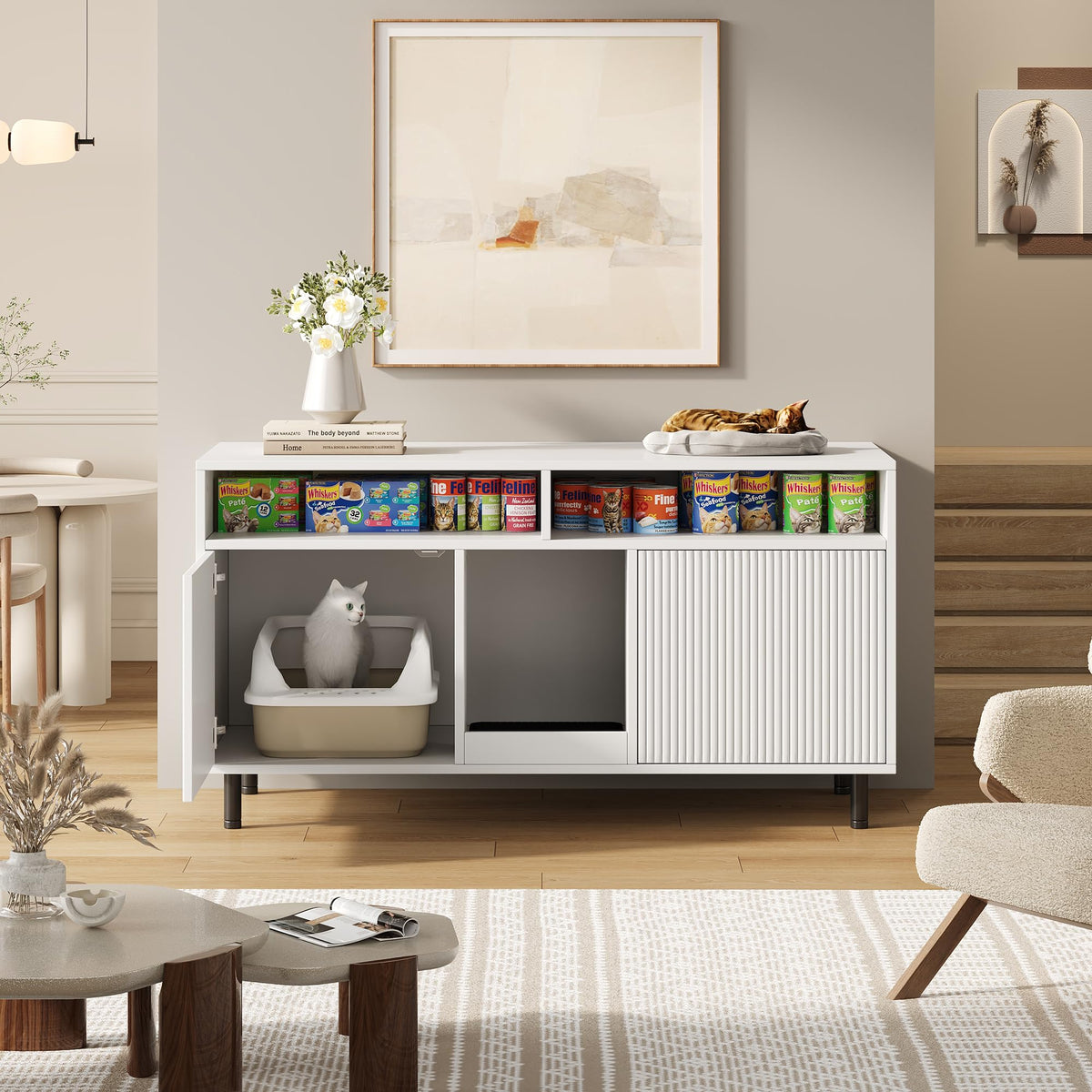 Cat Litter Tray Cabinet with Sand Collection Mat, Pet Cabinet with Shelf, Pet Sideboard/TV Cabinet, Without Cat Litter Tray, 120 x 50 x 66 cm, White