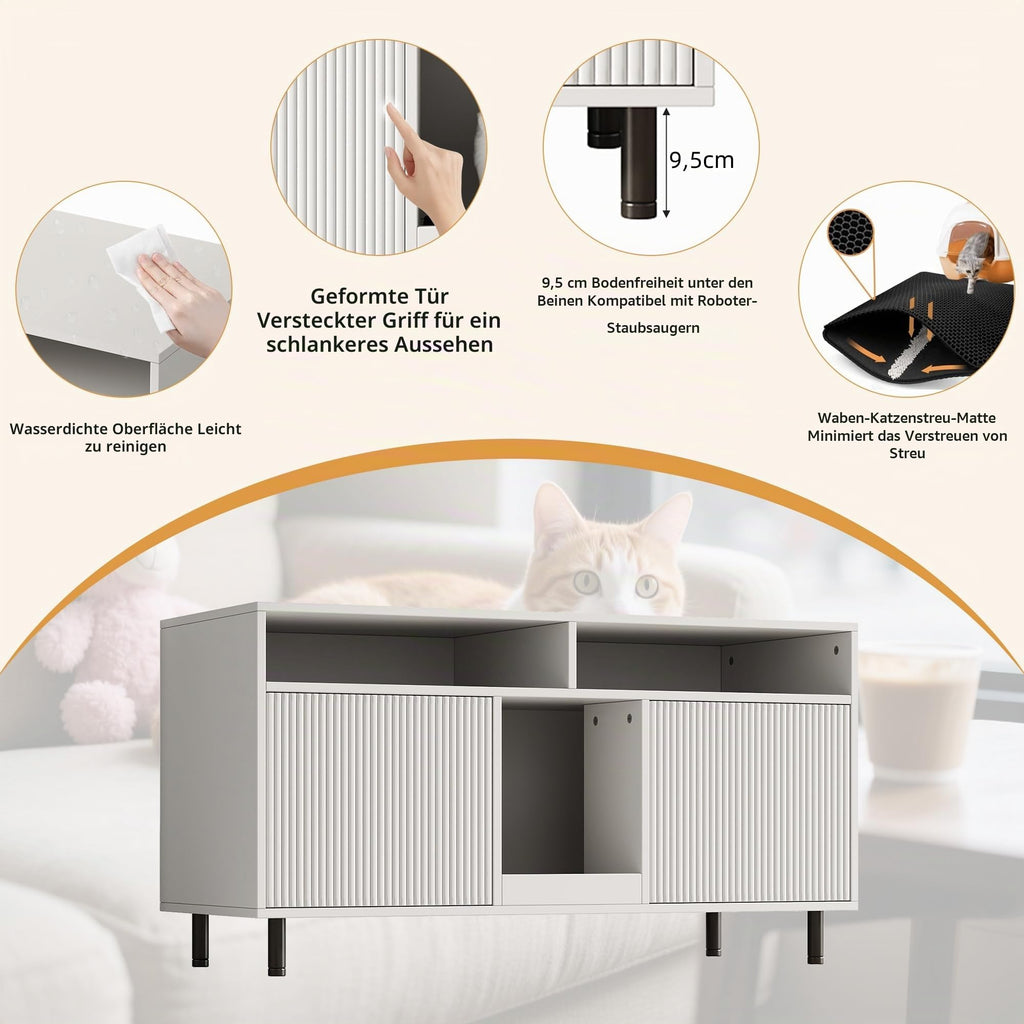 Cat Litter Tray Cabinet with Sand Collection Mat, Pet Cabinet with Shelf, Pet Sideboard/TV Cabinet, Without Cat Litter Tray, 120 x 50 x 66 cm, White