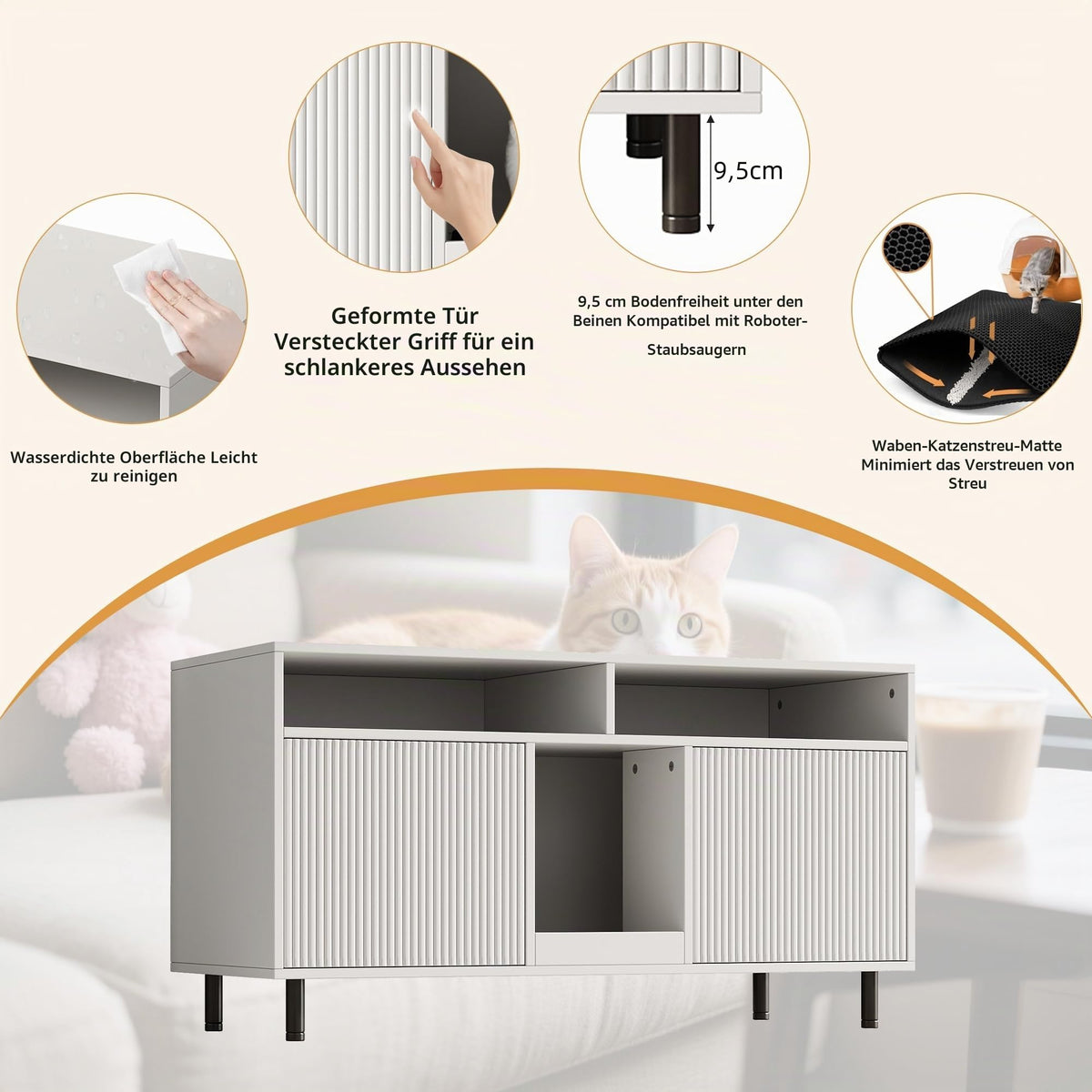 Cat Litter Tray Cabinet with Sand Collection Mat, Pet Cabinet with Shelf, Pet Sideboard/TV Cabinet, Without Cat Litter Tray, 120 x 50 x 66 cm, White