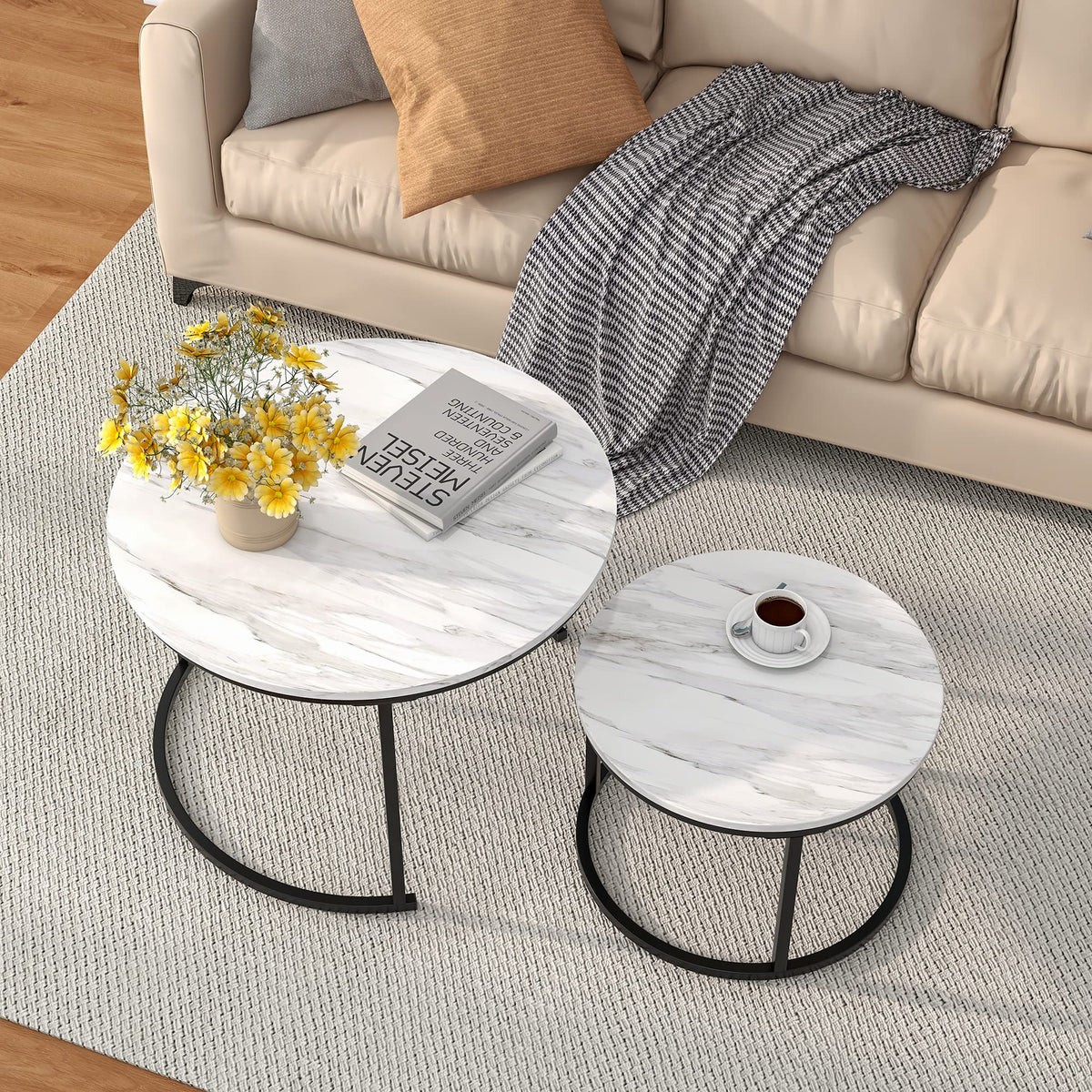 HOJINLINERO Round Coffee Table Set of 2,End Tables Side Table Living Room