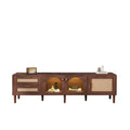 Azkoeesy Stylish Low TV Cabinet 180cm Long with LED Lighting, 2 Glass Doors, Rattan Drawers and Door, Brown