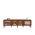 Azkoeesy Stylish Low TV Cabinet 180cm Long with LED Lighting, 2 Glass Doors, Rattan Drawers and Door, Brown