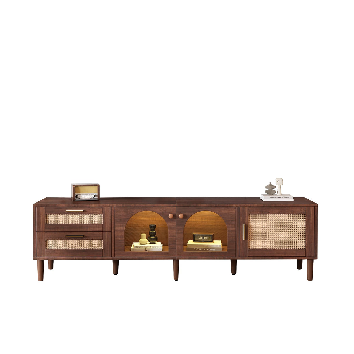 Azkoeesy Stylish Low TV Cabinet 180cm Long with LED Lighting, 2 Glass Doors, Rattan Drawers and Door, Brown