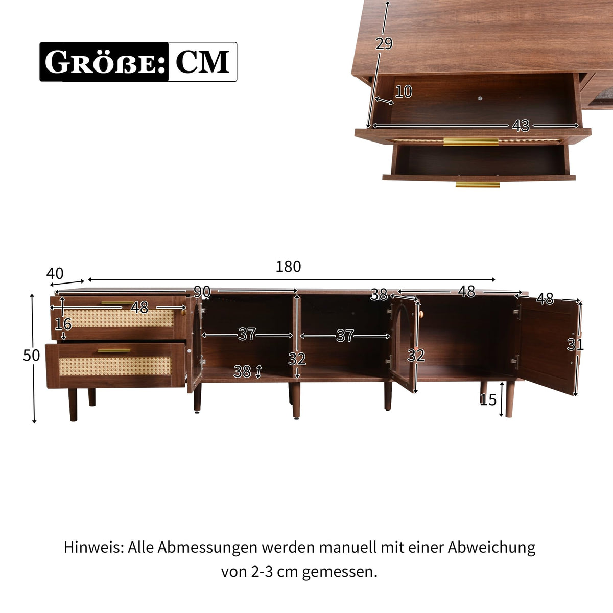 Azkoeesy Stylish Low TV Cabinet 180cm Long with LED Lighting, 2 Glass Doors, Rattan Drawers and Door, Brown