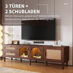 Azkoeesy Stylish Low TV Cabinet 180cm Long with LED Lighting, 2 Glass Doors, Rattan Drawers and Door, Brown