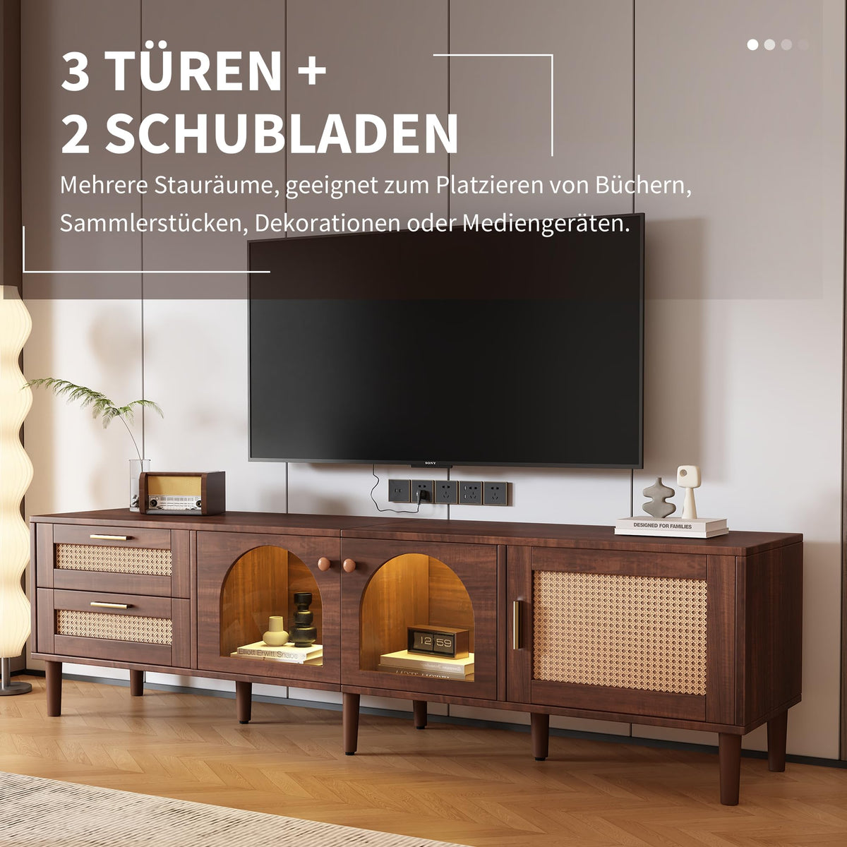 Azkoeesy Stylish Low TV Cabinet 180cm Long with LED Lighting, 2 Glass Doors, Rattan Drawers and Door, Brown