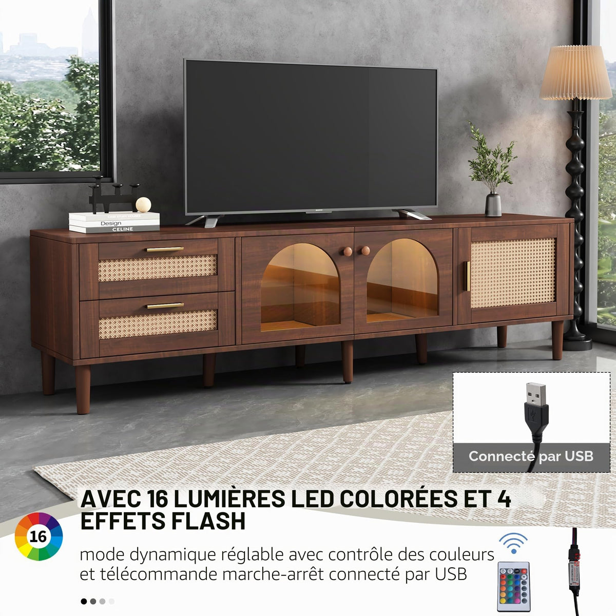 Azkoeesy Stylish Low TV Cabinet 180cm Long with LED Lighting, 2 Glass Doors, Rattan Drawers and Door, Brown
