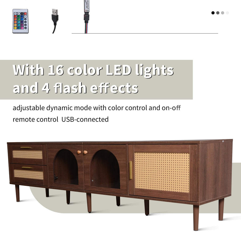 Azkoeesy Stylish Low TV Cabinet 180cm Long with LED Lighting, 2 Glass Doors, Rattan Drawers and Door, Brown