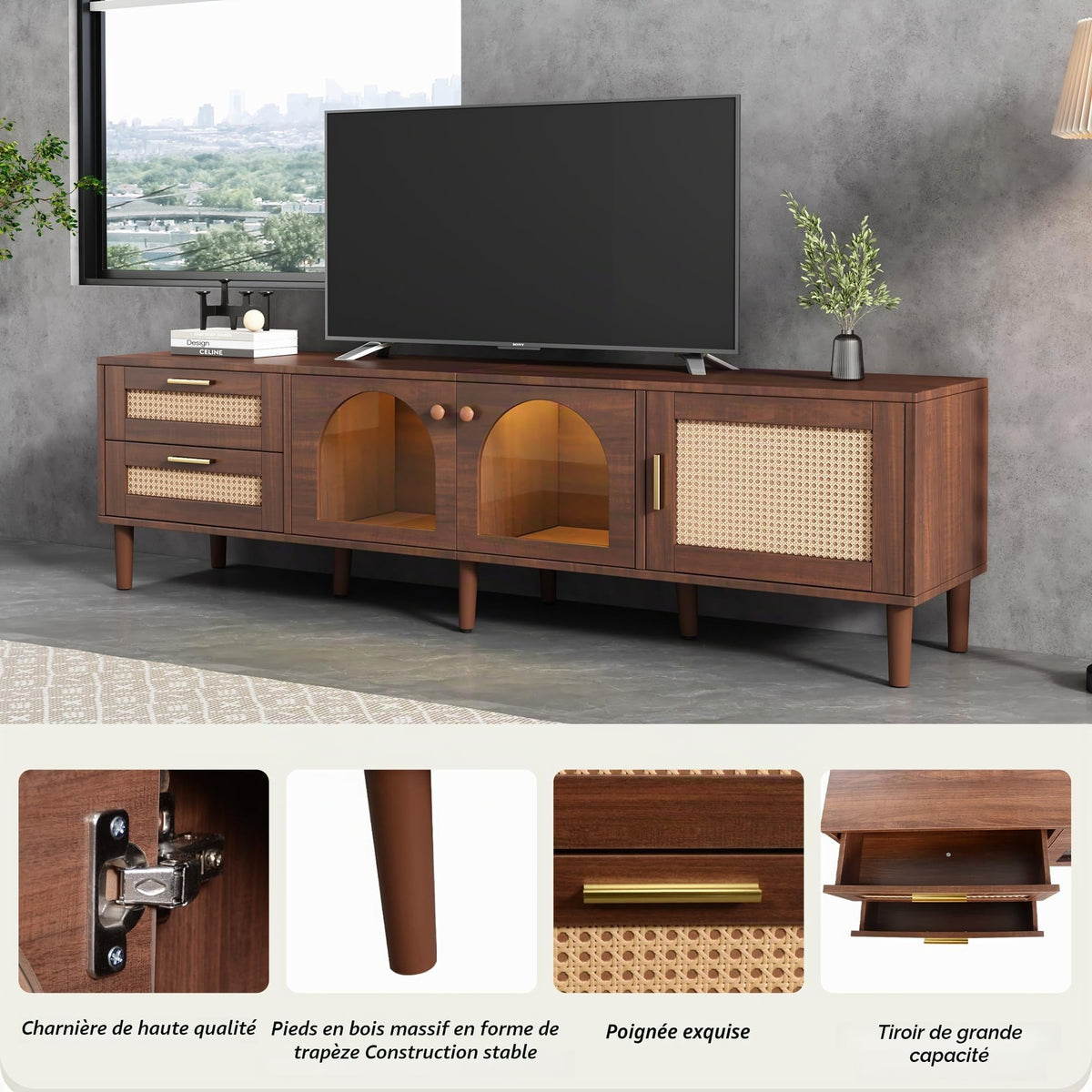 Azkoeesy Stylish Low TV Cabinet 180cm Long with LED Lighting, 2 Glass Doors, Rattan Drawers and Door, Brown