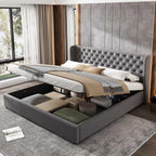 Storage Bed with Headboard, Velvet Upholstered Double Bed with Storage Under Bed, Bed Frame, Wooden Slatted Base (No Mattress) (Grey, 180 x 200 cm)