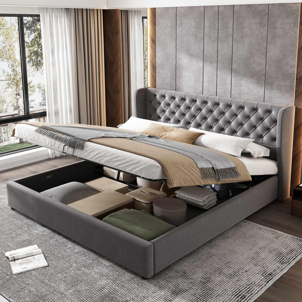 Storage Bed with Headboard, Velvet Upholstered Double Bed with Storage Under Bed, Bed Frame, Wooden Slatted Base (No Mattress) (Grey, 180 x 200 cm)