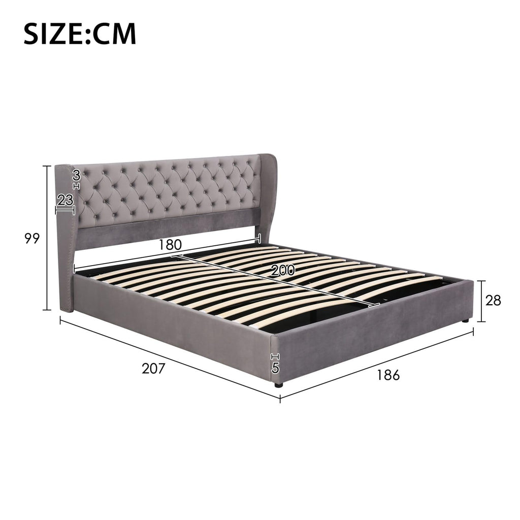 Storage Bed with Headboard, Velvet Upholstered Double Bed with Storage Under Bed, Bed Frame, Wooden Slatted Base (No Mattress) (Grey, 180 x 200 cm)