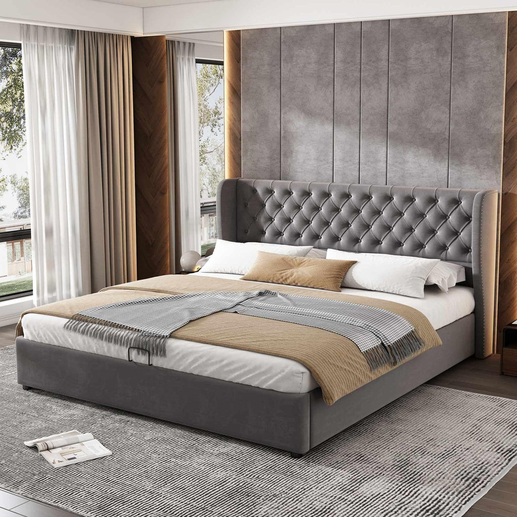 Storage Bed with Headboard, Velvet Upholstered Double Bed with Storage Under Bed, Bed Frame, Wooden Slatted Base (No Mattress) (Grey, 180 x 200 cm)