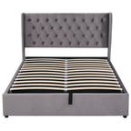 Storage Bed with Headboard, Velvet Upholstered Double Bed with Storage Under Bed, Bed Frame, Wooden Slatted Base (No Mattress) (Grey, 180 x 200 cm)