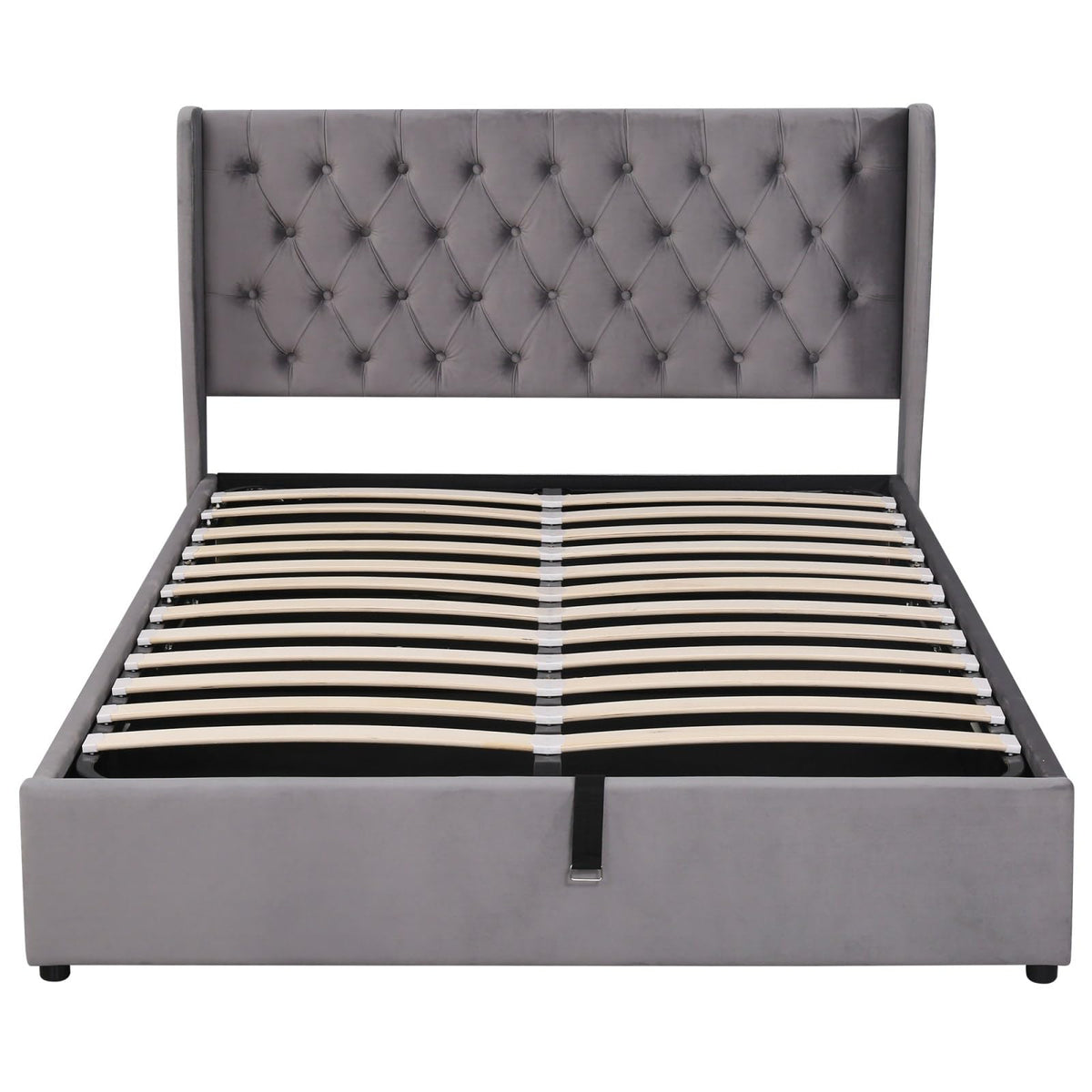Storage Bed with Headboard, Velvet Upholstered Double Bed with Storage Under Bed, Bed Frame, Wooden Slatted Base (No Mattress) (Grey, 180 x 200 cm)