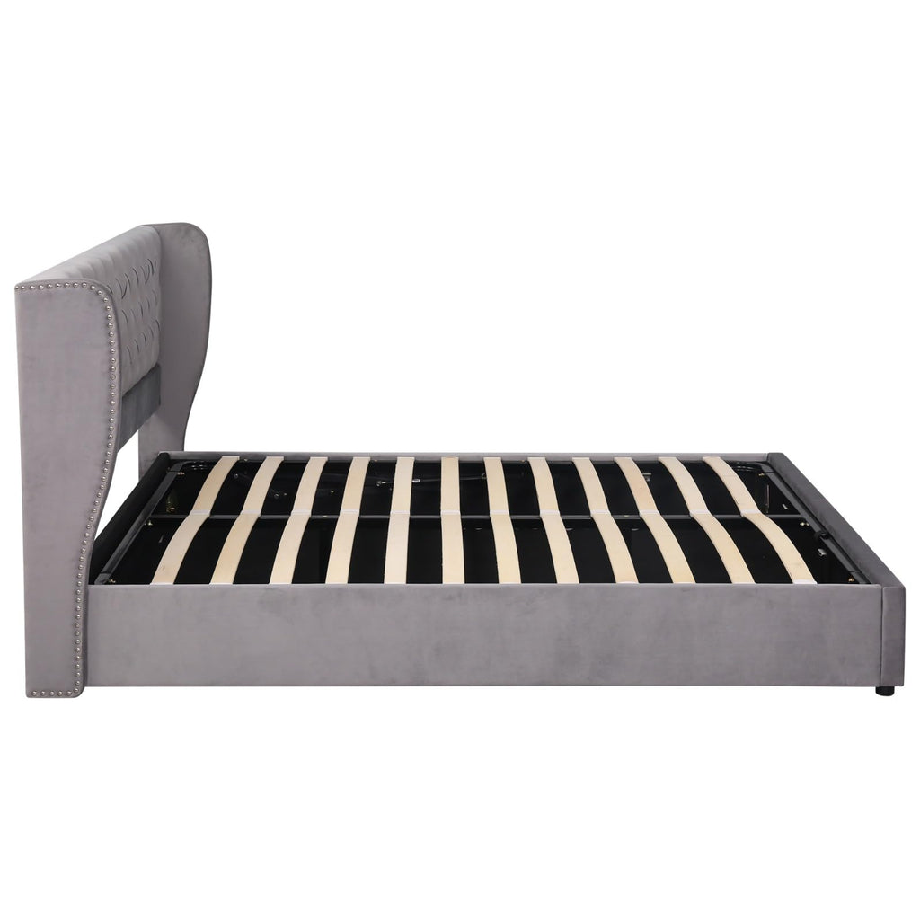 Storage Bed with Headboard, Velvet Upholstered Double Bed with Storage Under Bed, Bed Frame, Wooden Slatted Base (No Mattress) (Grey, 180 x 200 cm)
