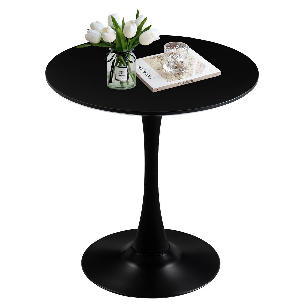 27.5" Small Round Dining Table, Modern Tulip Style Table for 1-2 People, Space-Saving Table for Dining Room, Kitchen, or Cafe, Black Pedestal Base