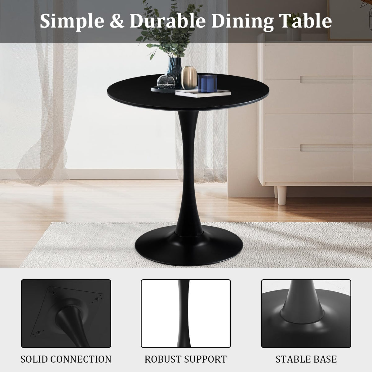 27.5" Small Round Dining Table, Modern Tulip Style Table for 1-2 People, Space-Saving Table for Dining Room, Kitchen, or Cafe, Black Pedestal Base