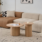 Set of 2 Round Nesting Coffee Tables, Modern Fluted Drum Coffee Table for Living Room, Bedroom, Balcony and Office (Natural (Wood Grain)