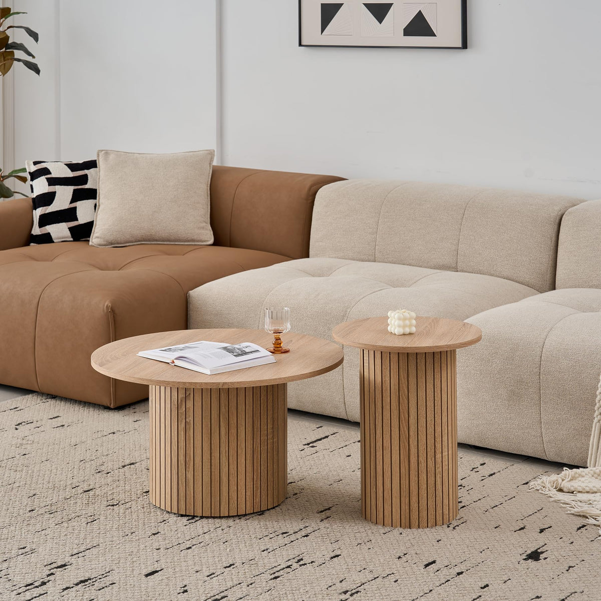 Set of 2 Round Nesting Coffee Tables, Modern Fluted Drum Coffee Table for Living Room, Bedroom, Balcony and Office (Natural (Wood Grain)