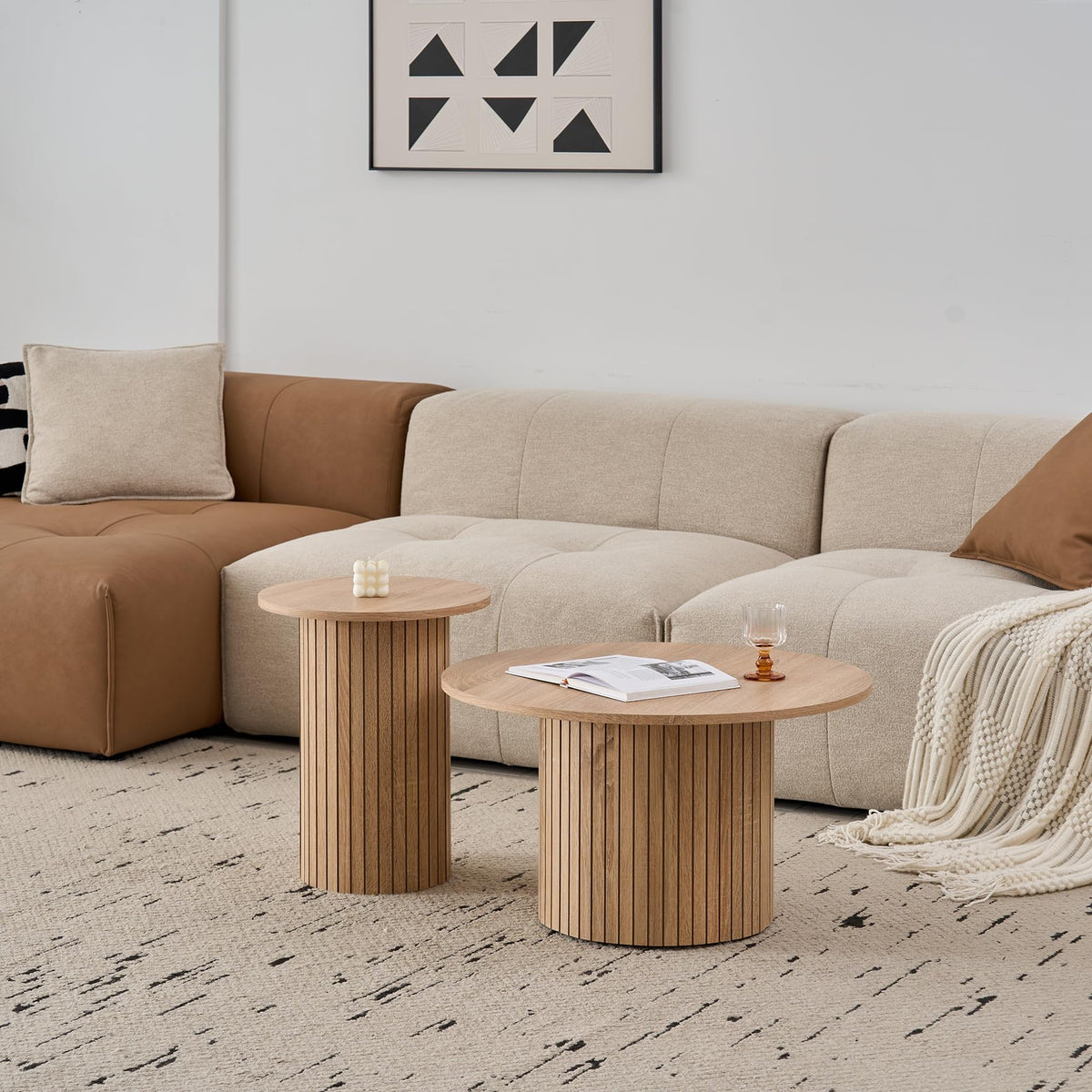 Set of 2 Round Nesting Coffee Tables, Modern Fluted Drum Coffee Table for Living Room, Bedroom, Balcony and Office (Natural (Wood Grain)
