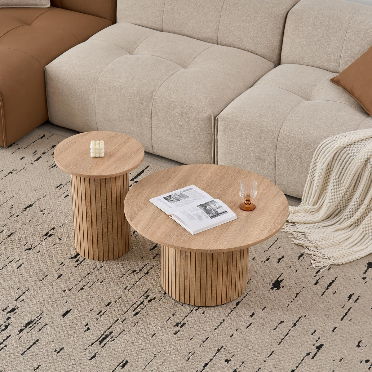 Set of 2 Round Nesting Coffee Tables, Modern Fluted Drum Coffee Table for Living Room, Bedroom, Balcony and Office (Natural (Wood Grain)