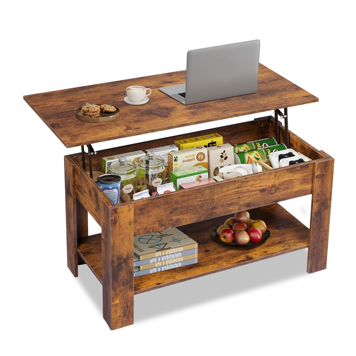 WLIVE 98cm Lift Up Coffee Table with Storage & Hidden Compartment - MDF Top, Solid Wood Legs, Quiet Lift Mechanism, Quick Assembly for Living Room, Rustic Oak