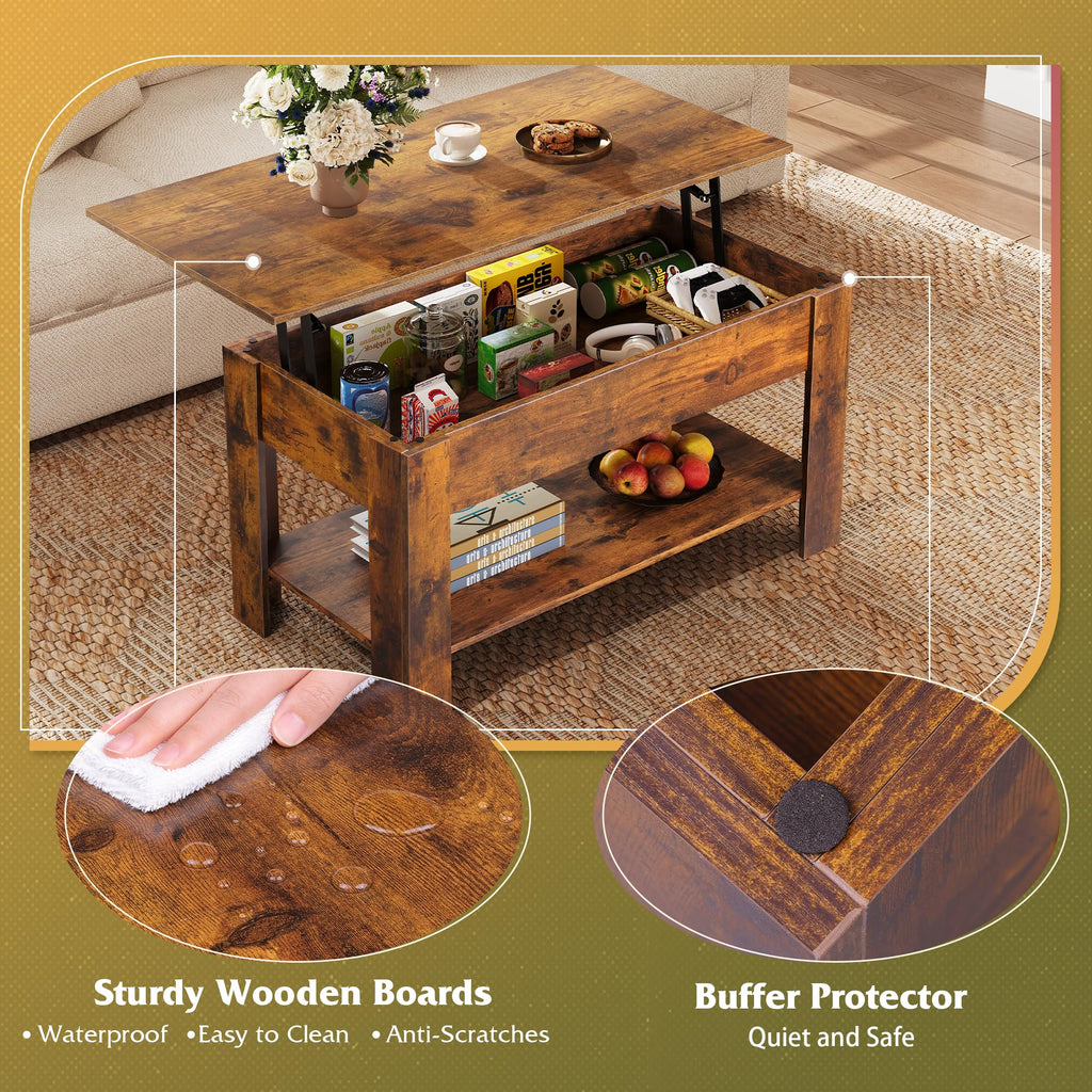 WLIVE 98cm Lift Up Coffee Table with Storage & Hidden Compartment - MDF Top, Solid Wood Legs, Quiet Lift Mechanism, Quick Assembly for Living Room, Rustic Oak