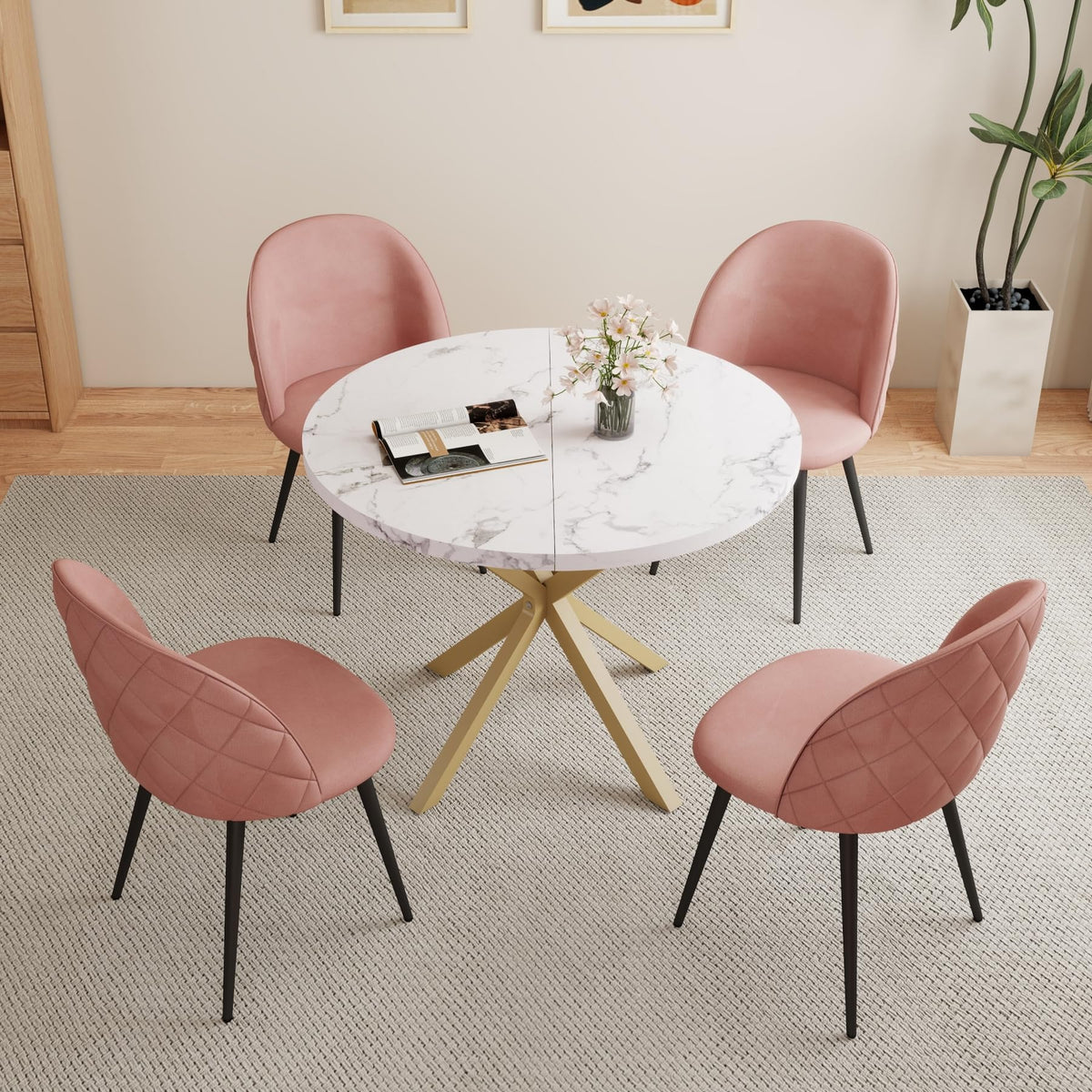 Modern Round Dining Table with MDF Top with Gold Metal Legs for Living Room Kitchen Nordic Dining Table 100cm Marble Texture