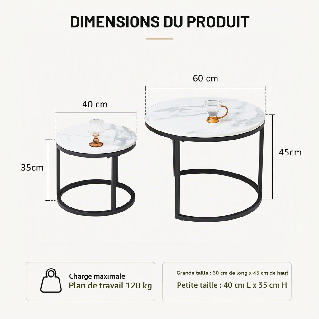 Set of 2 Round Side Tables, Coffee Table, Large 60 x 60 x 45 cm, Small 40 x 40 x 35 cm, Black and White