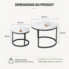 Set of 2 Round Side Tables, Coffee Table, Large 60 x 60 x 45 cm, Small 40 x 40 x 35 cm, Black and White