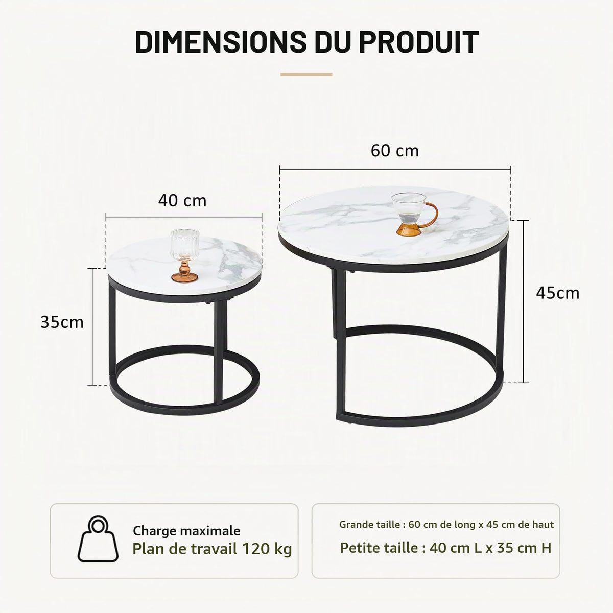 Set of 2 Round Side Tables, Coffee Table, Large 60 x 60 x 45 cm, Small 40 x 40 x 35 cm, Black and White