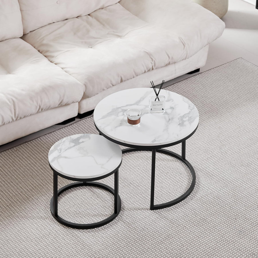 Set of 2 Round Side Tables, Coffee Table, Large 60 x 60 x 45 cm, Small 40 x 40 x 35 cm, Black and White