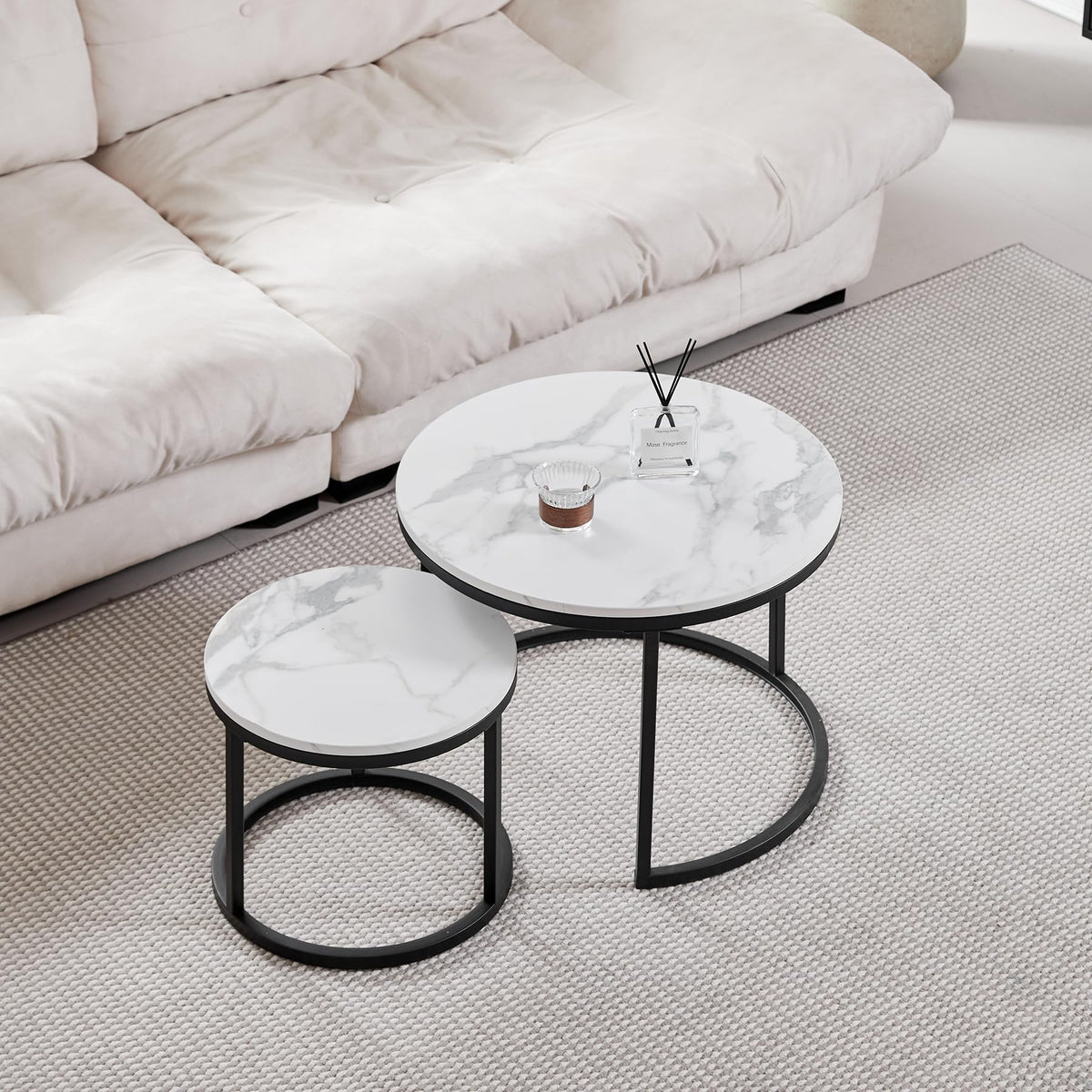 Set of 2 Round Side Tables, Coffee Table, Large 60 x 60 x 45 cm, Small 40 x 40 x 35 cm, Black and White