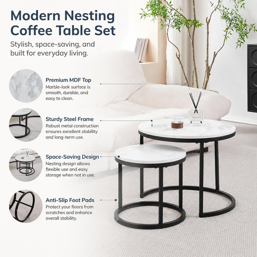 Set of 2 Round Side Tables, Coffee Table, Large 60 x 60 x 45 cm, Small 40 x 40 x 35 cm, Black and White
