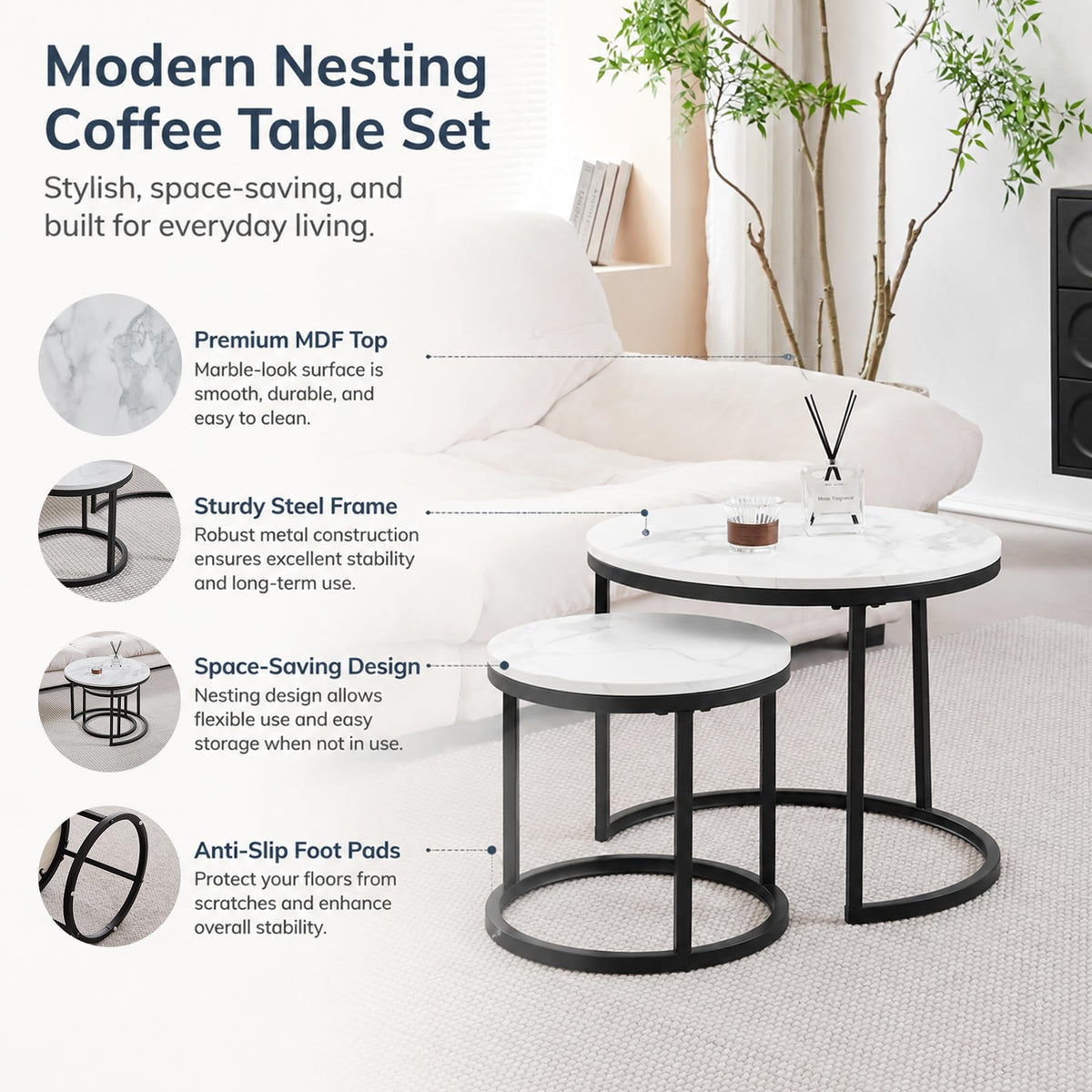 Set of 2 Round Side Tables, Coffee Table, Large 60 x 60 x 45 cm, Small 40 x 40 x 35 cm, Black and White