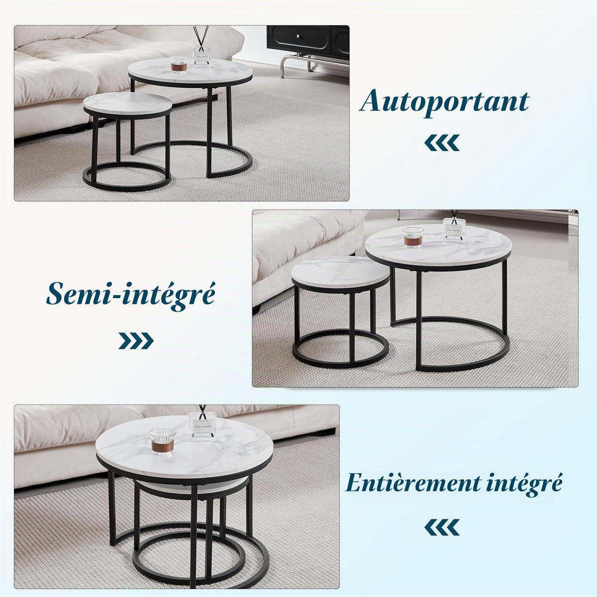 Set of 2 Round Side Tables, Coffee Table, Large 60 x 60 x 45 cm, Small 40 x 40 x 35 cm, Black and White