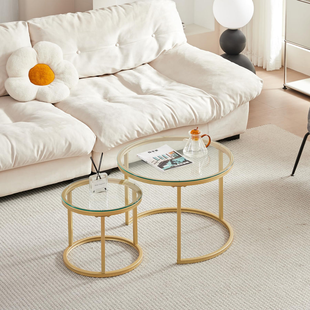 Set of 2 Round Side Tables, Coffee Table, Large: 60 x 60 x 45 cm; Small: 40 x 40 x 35 cm, Gold and Glass