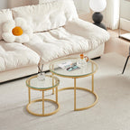 Set of 2 Round Side Tables, Coffee Table, Large: 60 x 60 x 45 cm; Small: 40 x 40 x 35 cm, Gold and Glass